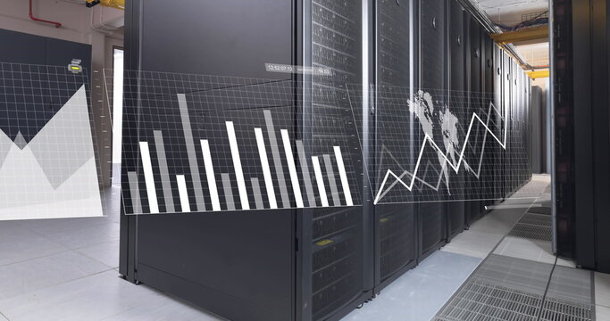 Image of graphs, map, loading bars over data server racks in server room