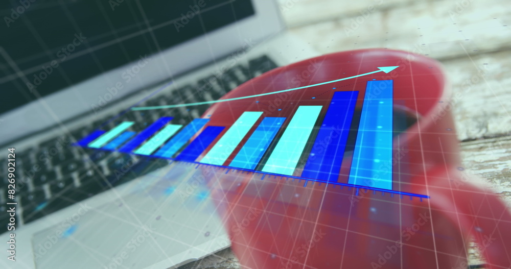 Poster Image of arrow on growing bar graph, overhead view of laptop and coffee cup on wooden table