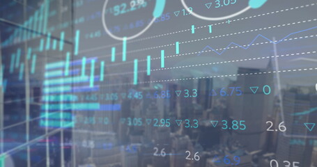 Image of multiple graphs, trading board over modern city against cloudy sky