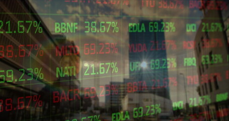 Image of graphs, trading board and lens flares over modern buildings against cloudy sky