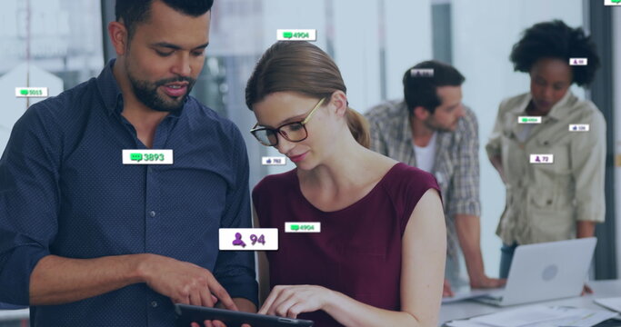 Image of multiple notification bars over diverse coworkers discussing reports on digital tablet