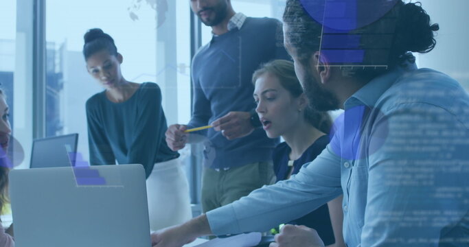 Image of graphs, globes and computer language over diverse coworkers sharing ideas in office