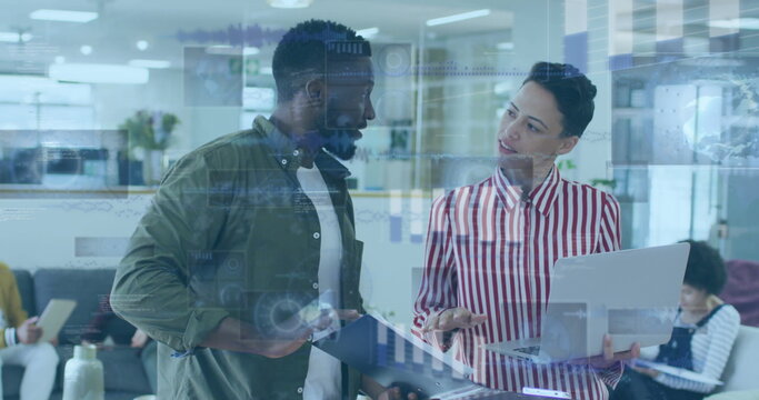 Image of graphs, globes and computer language, diverse coworkers discussing reports