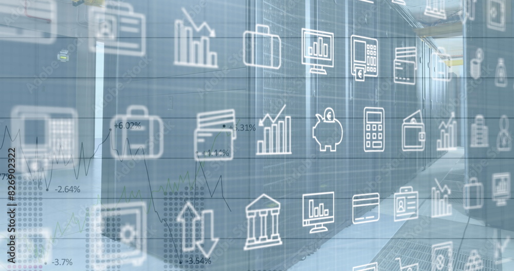 Poster image of multiple icons, graphs with changing numbers over data server racks