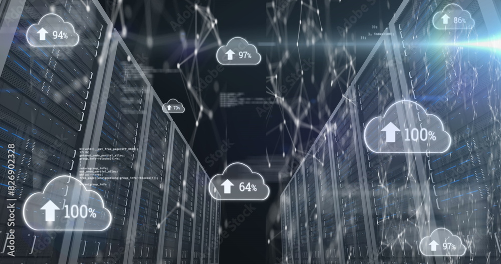 Poster image of arrow, numbers in cloud, connected dots and computer language over data server racks