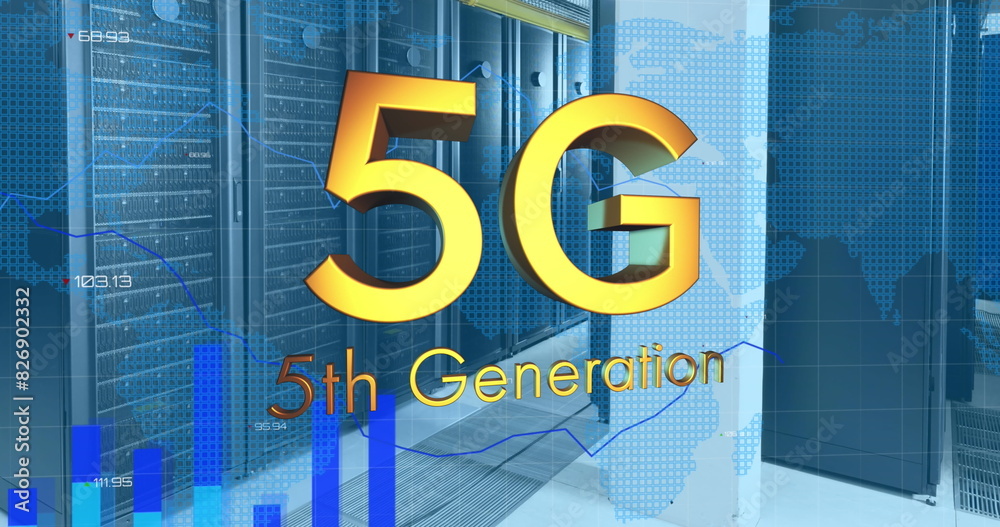 Poster image of 5g, 5th generation text with graphs, changing numbers, map over data server room