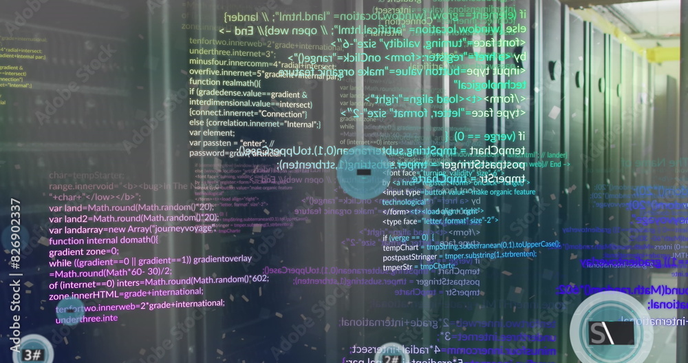 Poster image of 6g text in circles, computer language over data server room