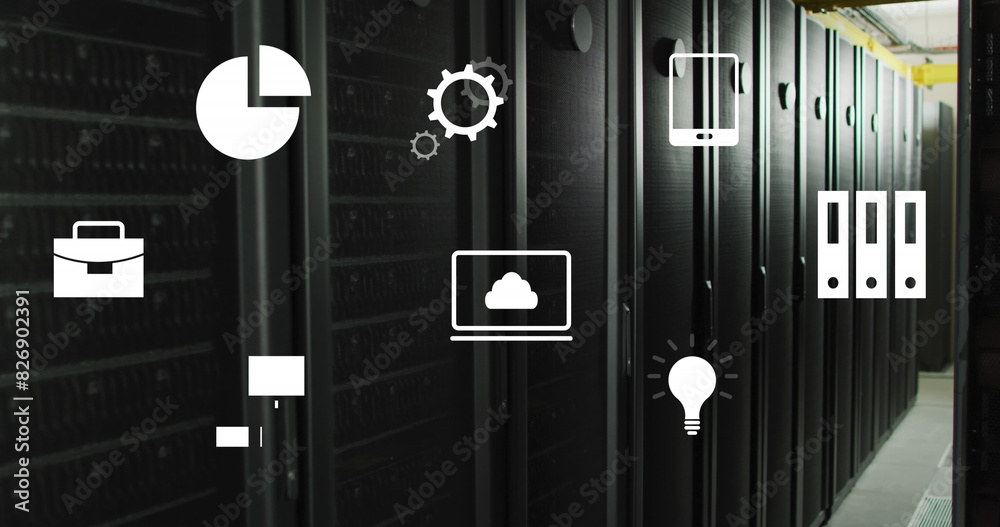 Poster image of multiple digital icons floating against computer server room