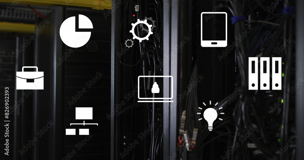 Poster image of multiple digital icons floating against close up of a computer server