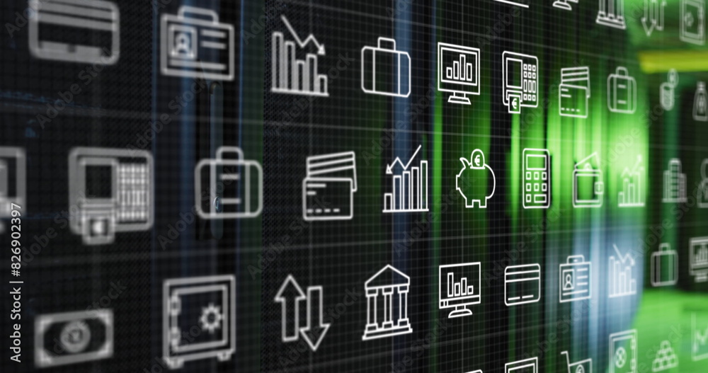 Poster image of interface with multiple digital icons against computer server room
