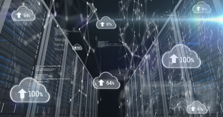 Image of arrow, numbers in cloud, connected dots and computer language over data server racks