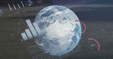 Image of multicolored infographic interface over rotating globe against space