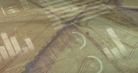 Image of infographic interface over aerial view of pattern on field