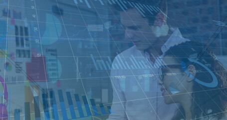 Image of graphs, loading circles, changing numbers, diverse coworkers discussing in office