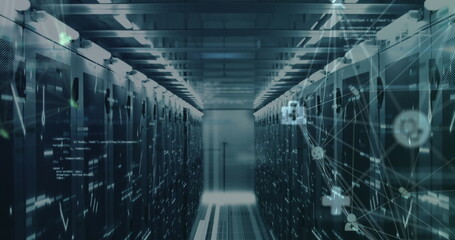 Image of spinning globe of medical icons, data processing and mosaic squares against server room