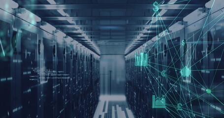 Image of network of digital icons, data processing and mosaic squares against server room