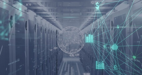 Image of network of digital icons, spinning globe and mosaic squares against server room