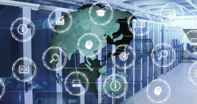 Image of icon in circles and rotating globe, graphs, radars over data server room
