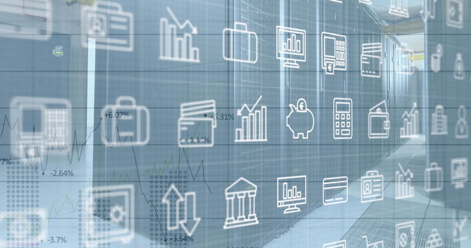 Image of multiple icons, graphs with changing numbers over data server racks