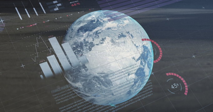 Image of multicolored infographic interface over rotating globe against space