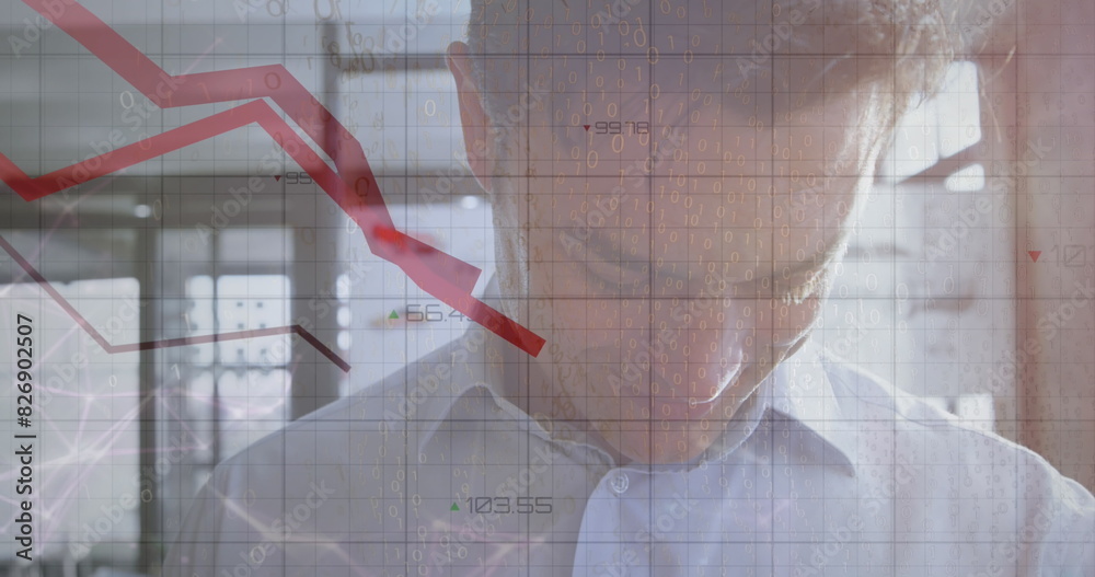 Poster image of statistical data processing against caucasian man using smartwatch at office