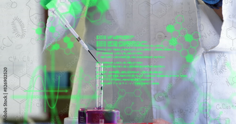 Poster image of data processing over mid section of a scientist performing experiment at laboratory