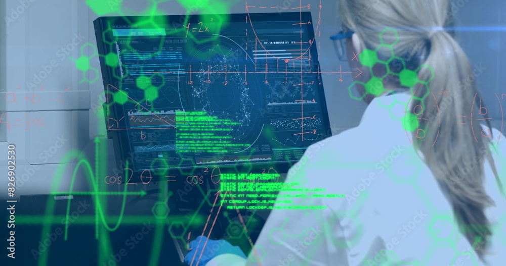 Poster image of data processing against rear view of female scientist using computer at laboratory