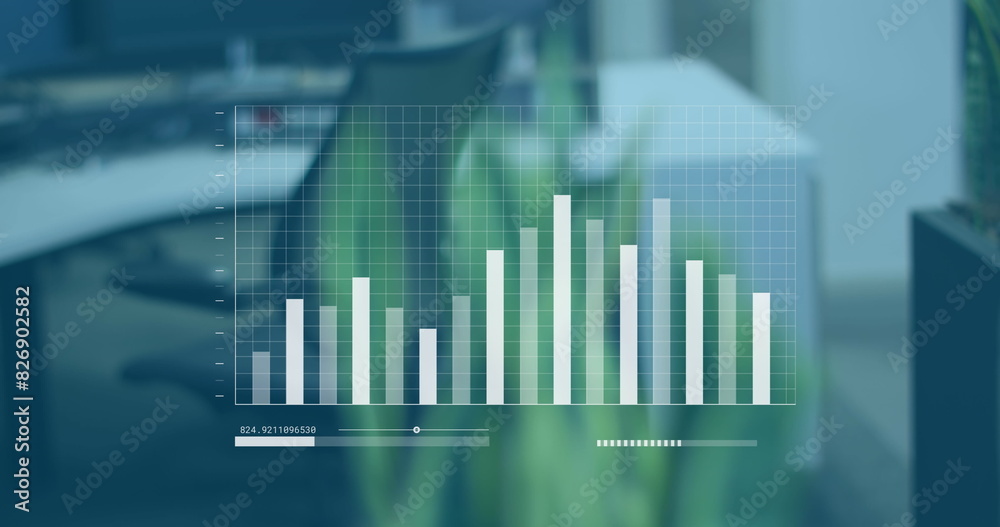 Poster image of interface with statistical data processing against view of a office desk