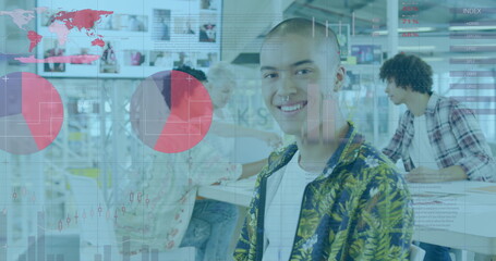 Image of statistical data processing against portrait of biracial man smiling at office