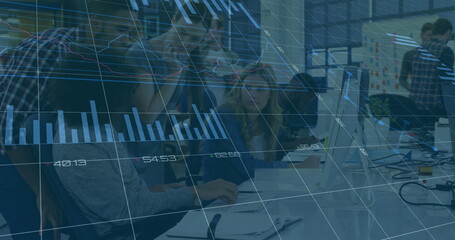 Image of statistical data processing against diverse colleagues discussing together at office