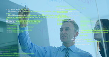 Image of data processing over diverse man and woman discussing over glassboard at office