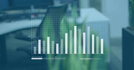 Image of interface with statistical data processing against view of a office desk