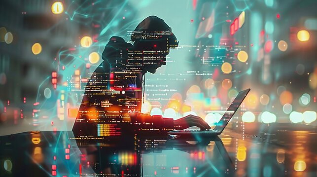 Double exposure of a web designer coding on a laptop, with flowing data streams and digital interfaces, symbolizing creative technology