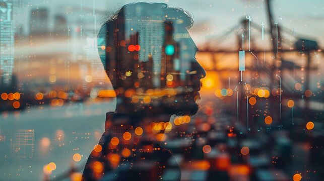 Double exposure of logistics manager's profile with background of supply chain networks and loading docks