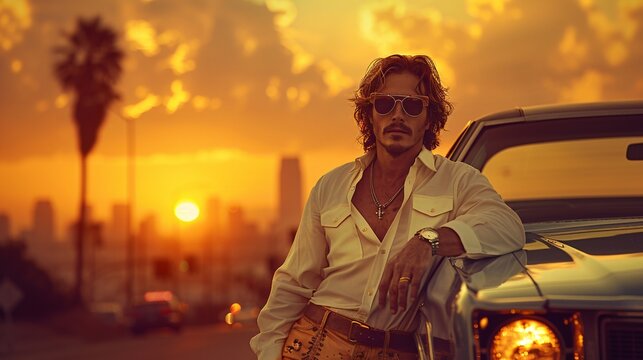 a retro man standing with a vintage car - Powered by Adobe