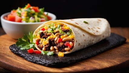 Burrito with beans, vegetables, and sauce on a plate, served with a side of salsa.