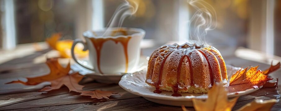 A steaming cup of tea with a slice of pound cake drizzled with caramel sauce, a fallen leaf resting on the plate