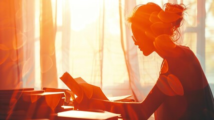 online courses and tutorials close up, focus on, copy space Rich tones, Double exposure silhouette with study materials