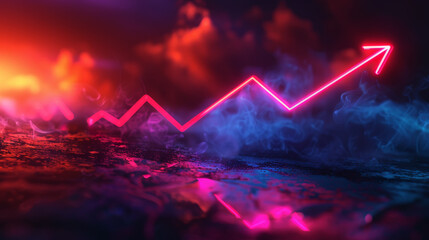 Neon upward business trend graph in a smoky atmosphere with vibrant and colorful lights, creating a futuristic feel