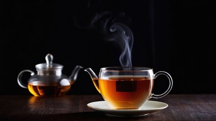 A pot of steaming tea on a saucer with steam rising above it.