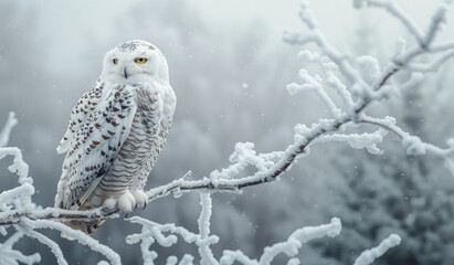 A snowy owl perched on an icy branch, with the backdrop of a blue sky and white snowflakes. 