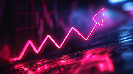 Close-up of a neon upward trend graph with glowing lights, creating an illuminated and futuristic visual