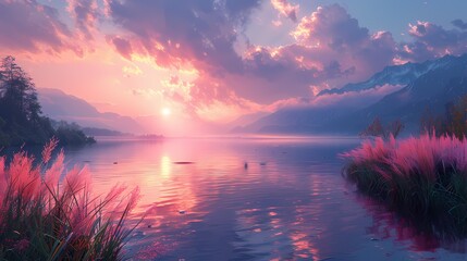 calm evening bylake, with the sky and water in soft fluffy hues of peach and lavender