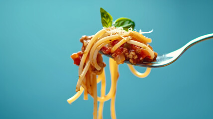 Spaghetti with Bolognese sauce on a fork