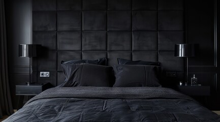 Minimalist black bedroom showcasing a black upholstered headboard, minimalistic bedside tables, and soft black bedding