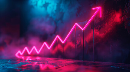 Neon arrow showing an upward trend against a misty, dark background, symbolizing growth and progress in a modern style
