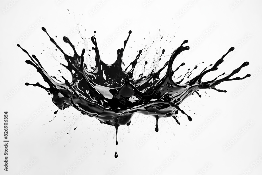 Sticker Abstract black liquid splash isolated on white background. 3D illustration.