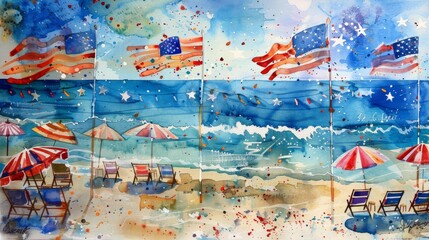 Fototapeta premium Patriotic beach scene with umbrellas watercolor - A watercolor artwork portraying a beach scene with umbrellas and American flags