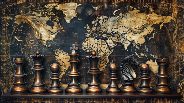 Chess game setup with a golden map background - A well-arranged chess setup on a table with a golden-toned world map illustrates strategic gaming with a touch of luxury