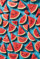 Slices of watermelon on blue wooden table